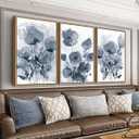 arteWOODS Botanical Framed Wall Art - Abstract Watercolor Style Pictures Grey Blue Floral Wall Decor Minimalist Prints Aesthetic Flowers Painting Artwork 20" x 28" Set of 3 Natural Framed