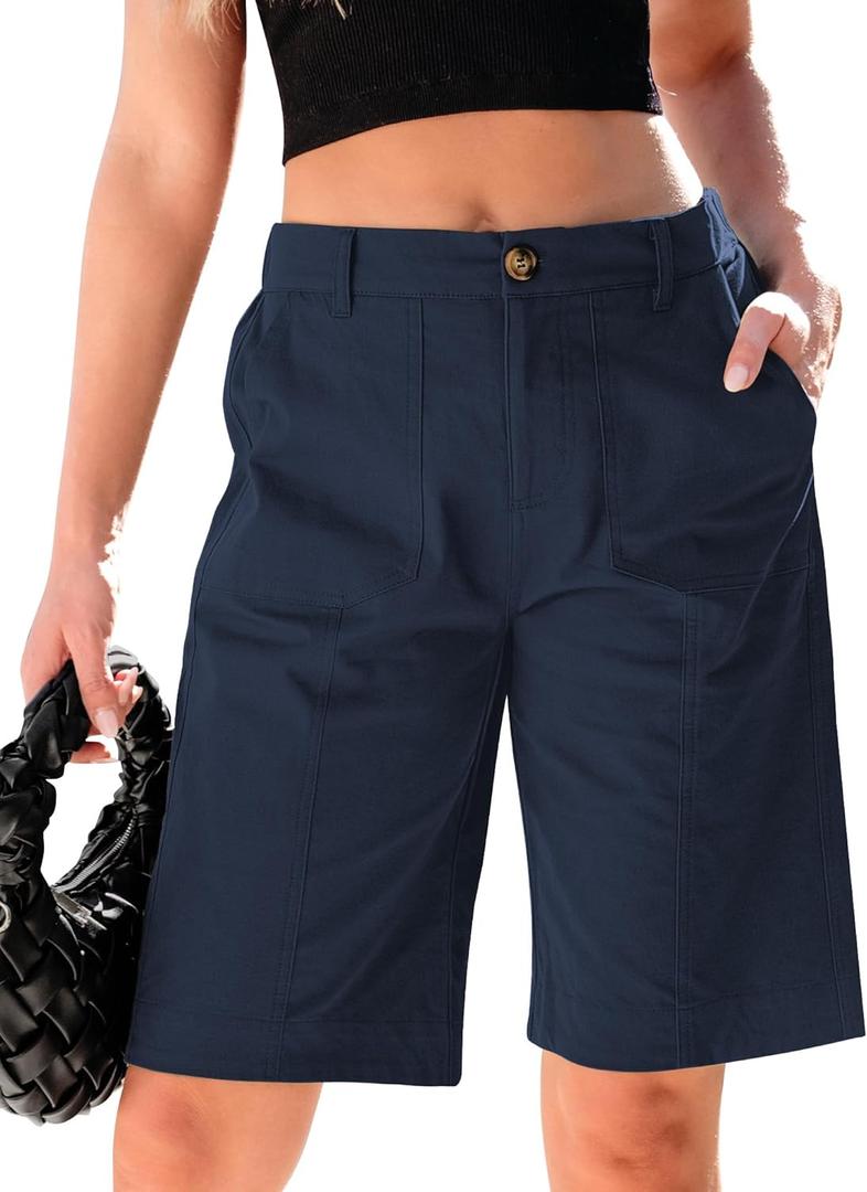 luvamia Bermuda Shorts for Women Knee Length High Waisted Cotton Elastic Wasit Summer Dressy Casual Long Chino Shorts (Medium, Dark Blue)