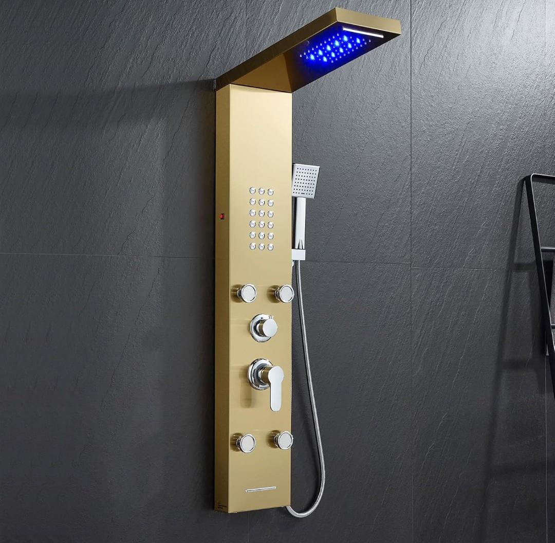 POPFLY Shower Panel Tower System, LED Rainfall & Waterfall Shower Head with Body Jets, Handheld Shower & Tub Spout, Golden Stainless Steel Wall-Mounted Bathroom Shower Column Tower