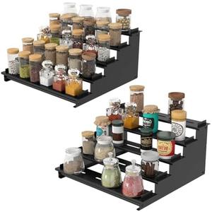 5 Tier Spice Rack for Cabinet, 2 Pack Spice Organizer, Metal Step Shelf Countertop Spice Rack for Inside Cabinets, Kitchen, Black