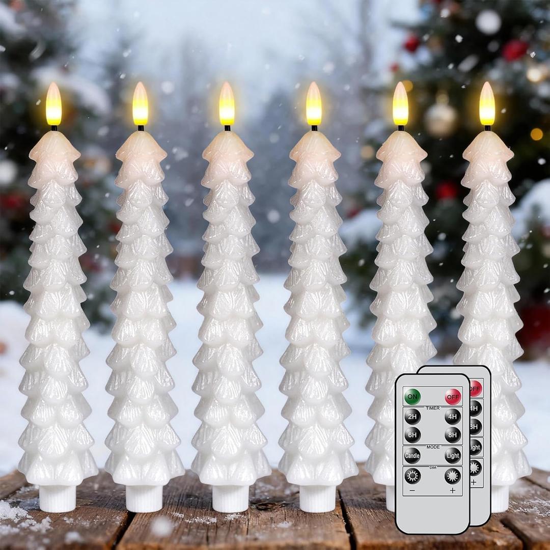 KunSwenn Christmas Tree Candles Battery Operated, White Christmas Flameless Taper Candles with Remote Timer, Set of 6 Real Wax Christmas LED Tree Candlesticks for Xmas Home Decorations (0.78 x 9.8)