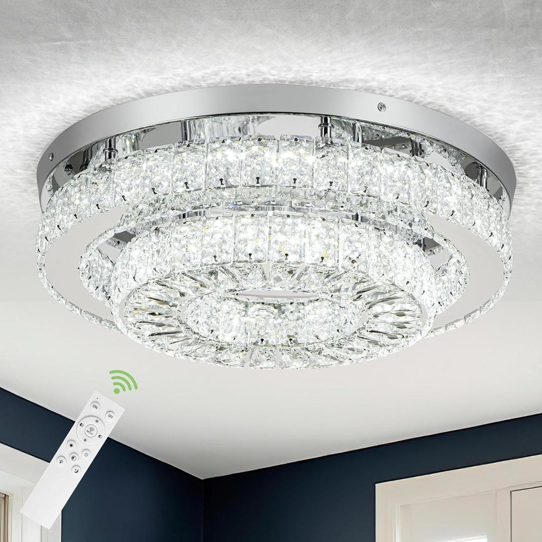 HOPGGIE 18 Inch Crystal Chandelier with Remote Control 2 Tier Flush Mount Ceiling Light Fixture LED Chandelier Light for Living Room Bedroom Dining Room Closet (dimmable)