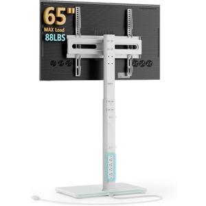 AX WABER Floor TV Stand with Power Outlet, Universal TV Stand Mount for 27-65 inch TV up to 88lbs, 70 Degree Swivel 9 Level Height Adjustable with Tempered Glass Base for Bedroom, Office White