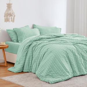Love's cabin Seersucker Light Green Twin XL Comforter Set, 5-Piece All Season Lightweight Bed in a Bag Bedding Set with Comforter, Flat Sheet, Fitted Sheet, Pillowcase and Sham