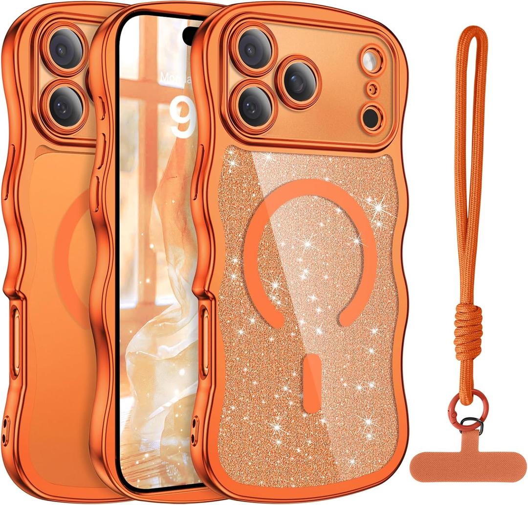 BENTOBEN Magnetic for iPhone 17 Pro Case 2025, Clear Glitter Cute Curly Wavy [Compatible with Magsafe] Sparkly Shinny Slim Design Shockproof Protective Girly Women Phone Cover,Cosmic Orange/Clear