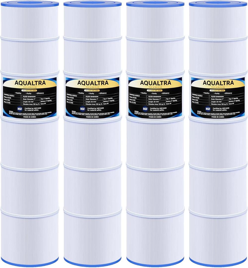 AQUALTRA Pool Filter Cartridges Compatible with CCP520, PCC130, R173578, Ultral-A7, C-7472, FC-1978, 817-0131, 178585, 130 sq. ft., 32 1/16" x 7" 4 Pack