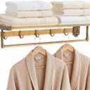 Vintage Brass Foldable Towel Rack with Hooks, Foldable Wall Mounted Bathroom Shelf, Double Towel Bars Antique Gold Aluminum Rail Holder for Bathroom, Entryway, and Kitchen(24")