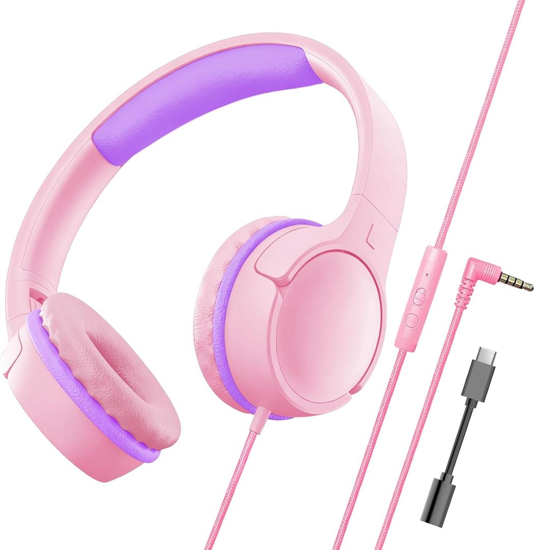 Children's Headphones with Microphone, Foldable 3.5mm Jack, USB-C Jack, Adjustable 85db/94db Volume, Suitable for Mobile Phones,Computers,Tablets,School,Airplanes,Travel (Pink)