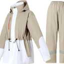 Rain Suit for Women Waterproof Hooded Rain Gear Rain Jacket and Pants 2 Piece Breathable Rain Coat Outdoor (Large, Khaki)