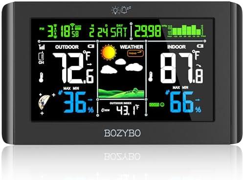BOZYBO Weather Station Wireless Indoor Outdoor Thermometer: Digital Weather Thermometer with Atomic Clock Temperature Humidity Monitor with Calendar Adjustable Backlight