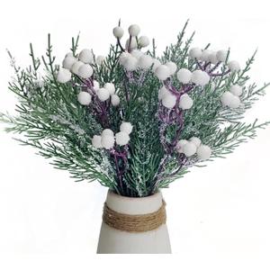 24 Pcs Artificial Snowy Pine Branches with Berry Stems,11.5" Faux Evergreen Pine Picks Fake Foliage Sprigs Greenery Stems for Christmas Wreath Making DIY Crafts Vase Filler Home Decor (24, White)