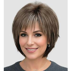 SEVENCOLORS Short Hair Wigs with Bangs Dark Brown Mixed Blonde Pixie Cut Wig for Women Straight Synthetic Fiber Wigs