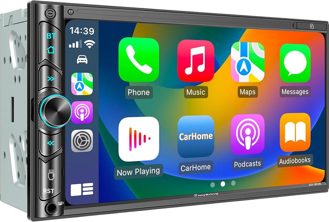 SJoyBring Double Din Car Stereo - Wireless Apple CarPlay & Android Auto, 240W 4.2CHN, 7" Touchscreen, SWC, Bluetooth, FM/AM Car Radio, 2 Subwoofers Outputs, Backup Camera
