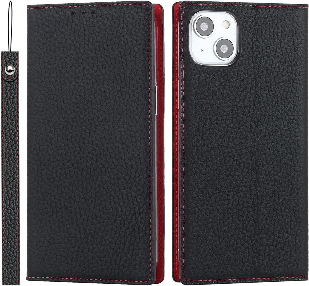 case for iPhone 15 Case Genuine Leather Wallet with Card Holder for Women Men Flip Folio Credit Card Slots Stand Shockproof Phone Cover-Black Phone Case