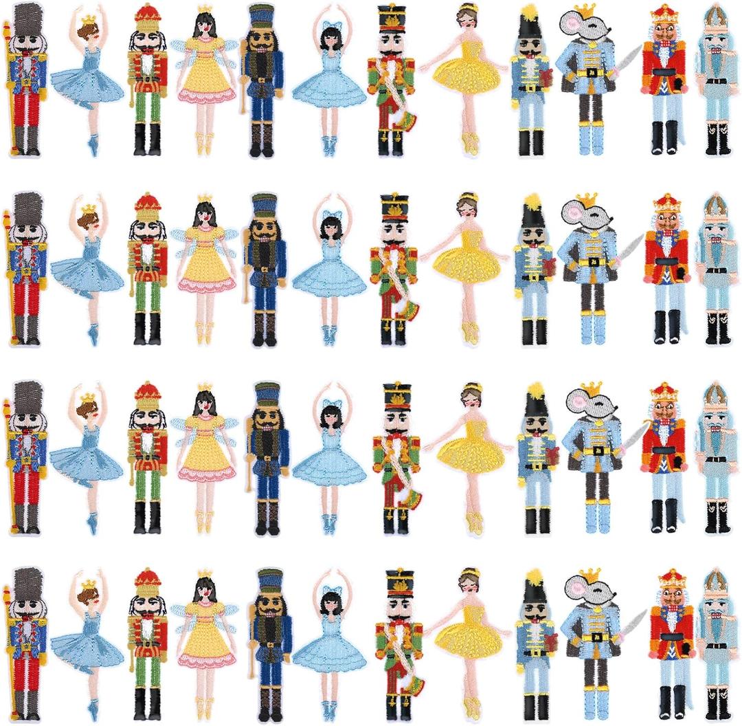 Hotop 48 Pcs Christmas Nutcracker Iron on Patches Ballet Dancer Sew on Embroidered Blue Nutcracker Applique Repair Patch Soldier Mouse Figures Patches for Xmas Hat Backpack DIY Craft