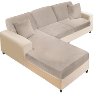 NAISI Sectional Couch Covers 6 Pieces Velvet Couch Cushion Covers L Shape Soft Stretch Sofa Slipcovers with 2pcs Pillowcases for Left/Right Chaise Sectional Couch(2 Seater+1 Chaise+3 Back,Taupe)