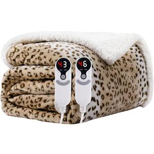 Electric Heated Blanket King Size 90"x100" - Microplush & Sherpa Fabric Dual-Sided, 9 Heat Settings & 10 Hours Auto Off, Cozy Warming Throw for Office or Bed, Machine Washable, Beige Leopard Print