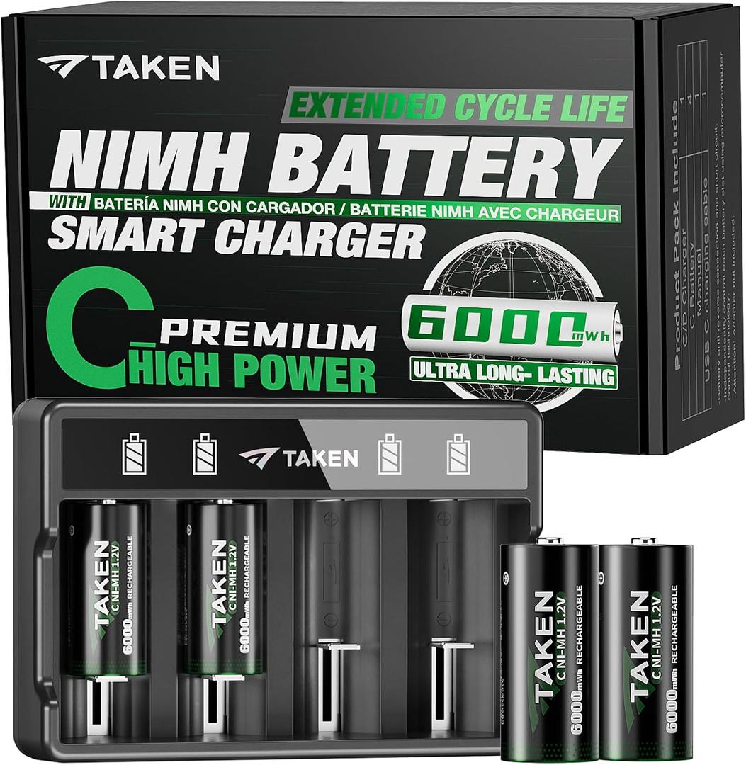 Taken Rechargeable C Batteries with Charger, 4-Pack NiMH Batteries & 4 Slot Smart Charger [6000mWh] [Fast Charging]