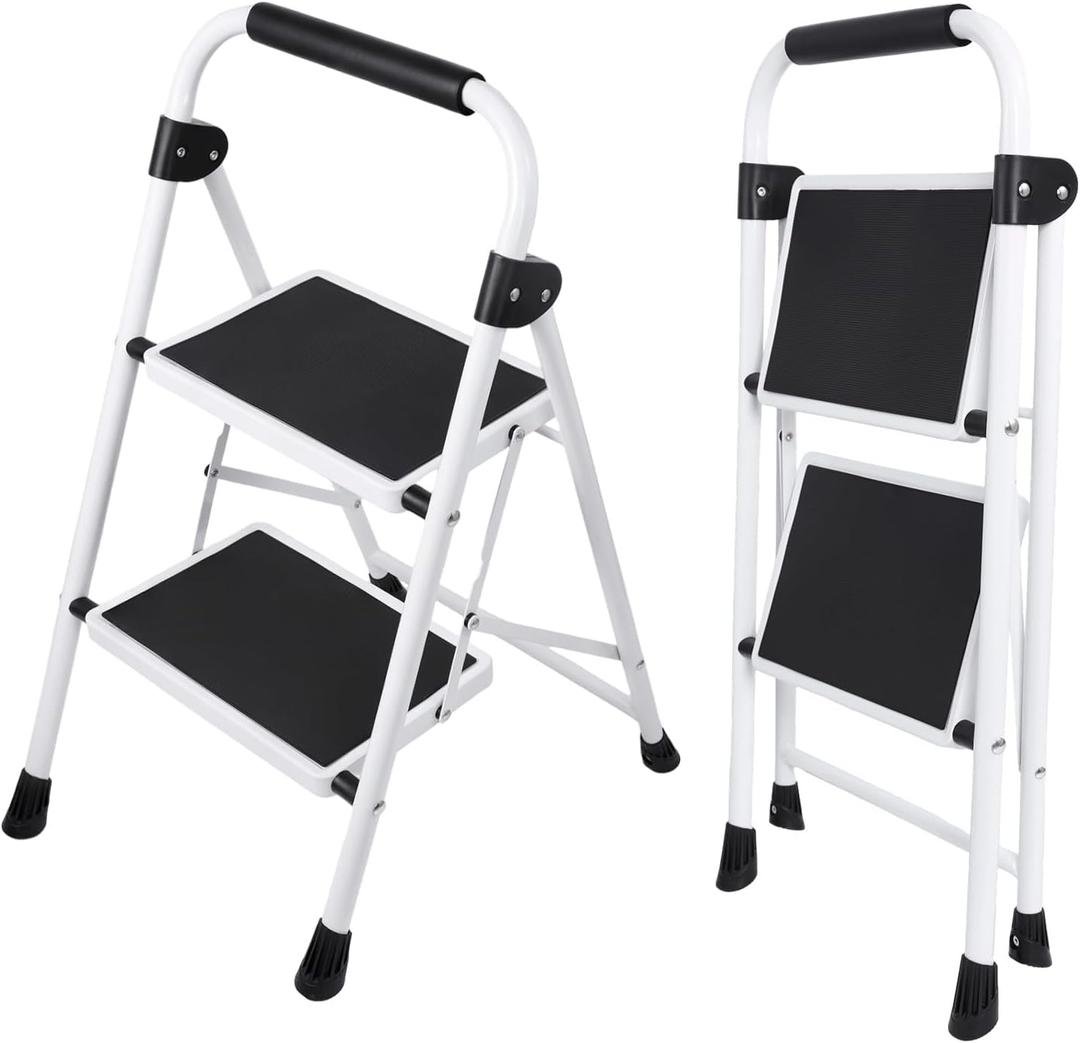 DUMOS Step Ladder, 2 Sturdy Step Stool with Anti-Slip Pedal & Comfortable Handrail, Portable Heavy Duty Step Stool for Kitchen, Garage & Outdoor Use, 330lbs, Black