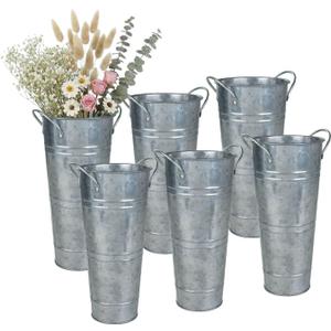vensovo Metal Flower Bucket Vase with Handles, 9 Inch Silver Rustic Farmhouse Centerpiece for Spring Home Decor & Wedding, Set of 6