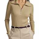 Prettywear Womens 2024 Fall Sweater Tops Long Sleeve Zipper V Neck Ribbed Knit Slim Fit Collared Work Basic Shirts(Khaki,M)