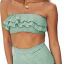 Saodimallsu Women High Waisted 2 Piece Bikini Set Bandeau Ruffle Swimsuit Top Striped Bathing Suits (X-Large, Grass Green)