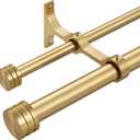 Double Curtain Rods with Aluminum End Cap and Full Enclosure Brackets, 1- Inch Front and 5/8 Inch Back Window Rod, Dual Drapery Rods Adjustable from 36 to 72 Inches (3-6 Feet), Brushed Gold