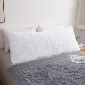 MEGO Luxury Fluffy Body Pillow Cover, 20x54 Shaggy Faux Fur Body Pillow Case, White Soft Plush Fuzzy Body Pillowcase, Decorative Furry Long Bed Pillow with Zipper Closure Hug Pillow for Bedroom White