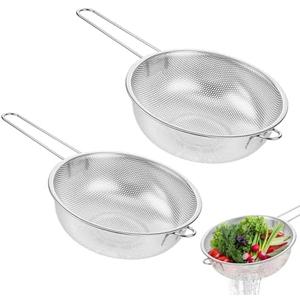 2 Pack Stainless Steel Colander with Handle 8.8" and 10" Kitchen Metal Basin Colander Handheld Mesh Strainer Deep Fry Basket Colander for Strain, Fry or Cook Vegetables, Pasta, Wash fruits