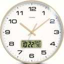 Wall Clock, 14" Large Dial Non-Ticking Silent Battery Operated Analog with LCD Display for Perpetual Calendar and F° Temperature, Ideal Modern Home, Bedroom, Office Decor (Gold)