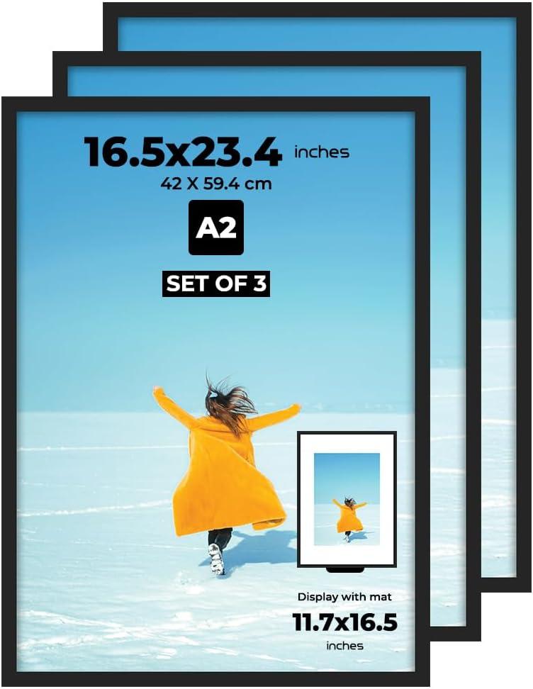 Black A2 Poster Frame Display 16.5 x 23.4 inch Posters and Pictures - Horizontal and Vertical Wall Hanging Option Set of 3