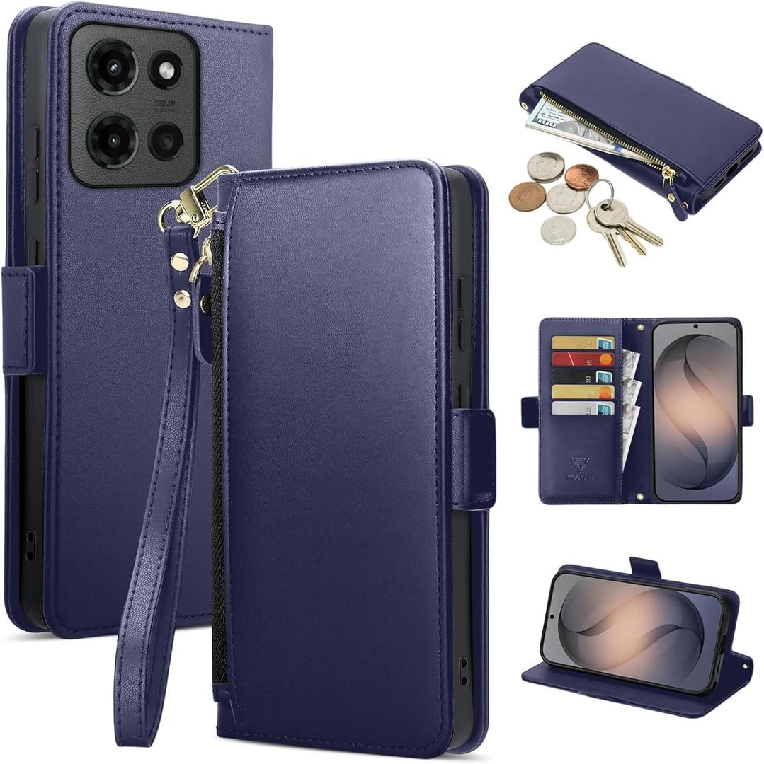 COBEAR for Moto G Stylus 5G 2025 Case Wallet, Pu Leather Flip Phone Case with Wrist Strap, Zipper Pocket, Kickstand, Women Men Phone Wallet Case with Card Holder for Moto G Stylus 5G 2025,Blue