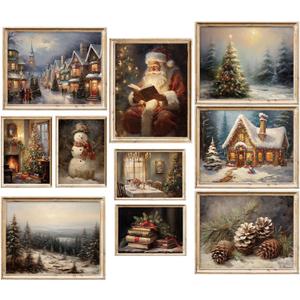 Whaline 10 Sheet Vintage Christmas Wall Art Prints Snow Scene Santa Xmas Tree Posters Retro Warm Seasonal Paper Wall Arts for Winter Holiday Living Room Bedroom, Unframed
