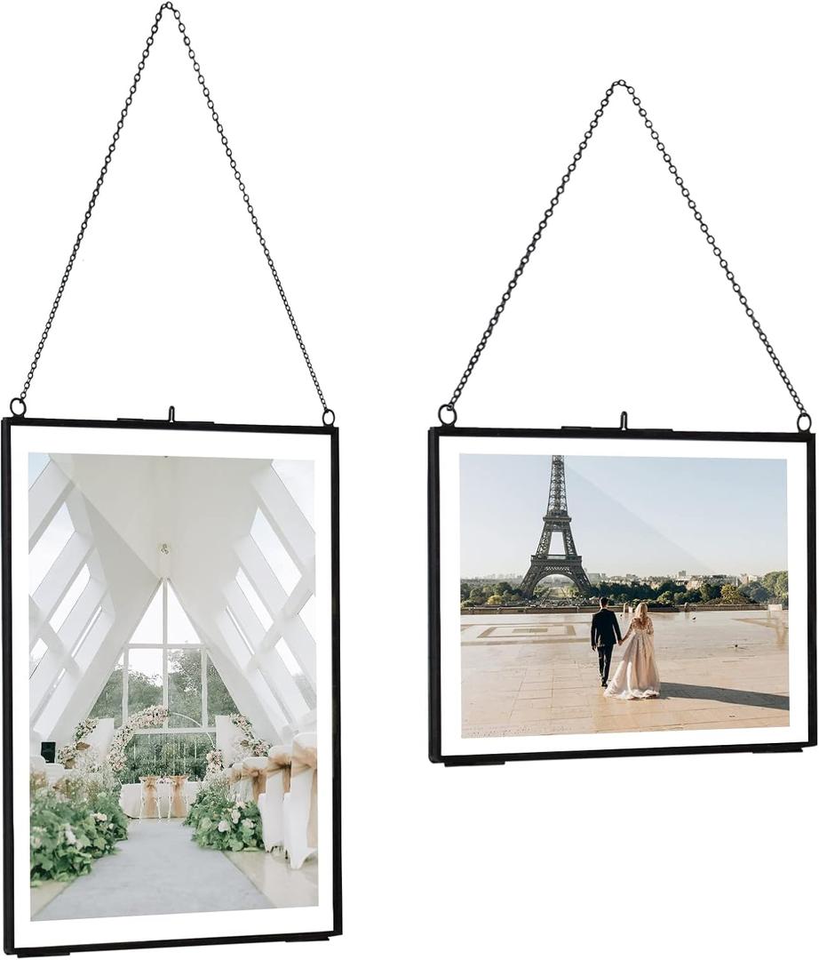 TLBTEK 2 pcs Black Hanging Photo Frame, 5x7 inch Double Glass Frame for Pressed Flowers,Clear DIY Vintage Artwork Display Frame Wall Mounted Photos Framehorizontal+vertical