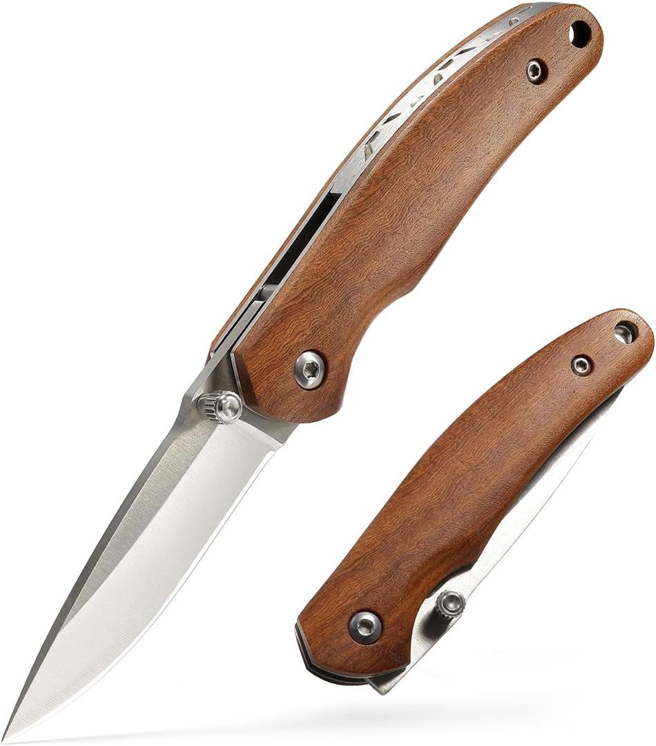 Small Pocket Knife, Folding Knife with 2.4 Inch Blade, Liner Lock, Wood Handle for EDC, Outdoor Camping, Survival (Polished)