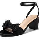 Coutgo Womens Bow Heels Sandals Block Low Heel Wedding Bride Dressy Shoes Open Toe Ankle Strap Sandals, Black, Size 8.5