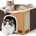 Bedsure Cat Beds for Indoor Cats - Large Cat Cave for Pet Cat House with Fluffy Ball Hanging and Scratch Pad, Foldable Cat Hideaway,16.5x16.5x13 inches, Burnt Honeycomb (Single)