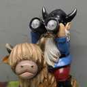 Garden Gnome Statues Resin Gnome Sitting on Highland Cow Solar LED Lights Outdoor Telescope Gnome Decorations