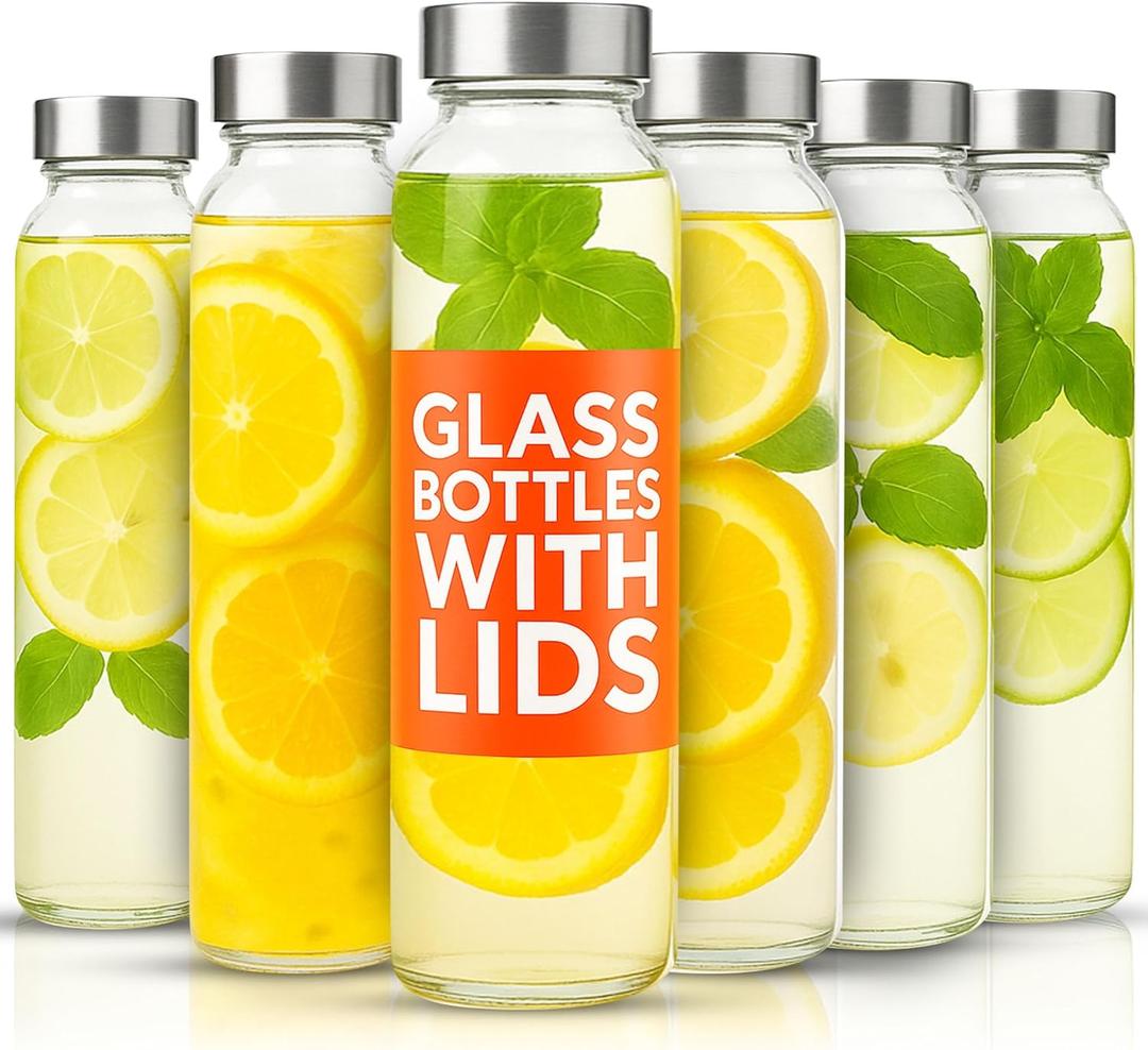 Epica Glass Bottles with Lids 17.5 oz Water Bottles, Reusable Glass Juice Bottles with Lids for Storing Juices, Reusable Water Bottle Durable & Eco friendly Set of 5