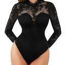 Popilush Long Sleeve Body Suits Womens Tummy Control Open Back Sheer Tops Built in Bra Turtleneck Lace Shapewear Bodysuit Fall Outfits (Black, XS)