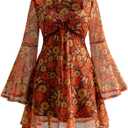 BEAUDRM Women's Y2k Hippie Vintage Boho Dress Leopard Bell Long Sleeve V Neck Bow Mesh Goth Mini Dresses,Medium
