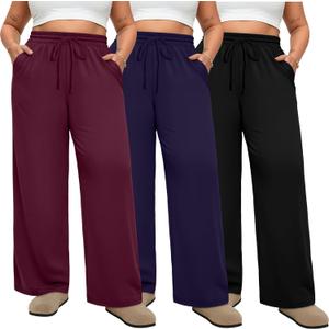 Neer 3 Pack Women's Plus Size Sweatpants Wide Leg High Waist Drawstring Yoga Lounge Joggers Open Bottom Pants with Pockets (4X-Large, Black, Navy Blue, Wine Red)