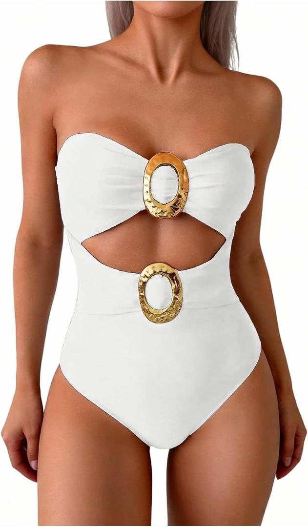 GORGLITTER Women's Strapless High Cut One Pieces Swimsuits Bandeau Classy Bathing Suit Cut Out Tummy Control Monokini, White, Medium
