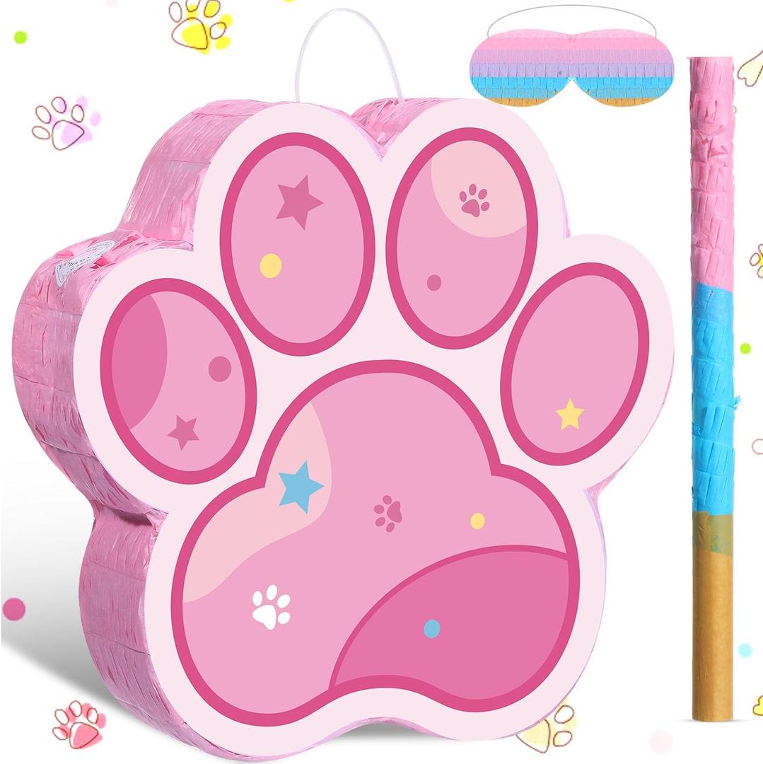 Capoda Dog Paw Piata Pink Paw Birthday Piata Bundle with Blindfold Bat for Boys Girls Shark Birthday Party Game Decor, 16.1 x 10.6 x 2.8 Inch