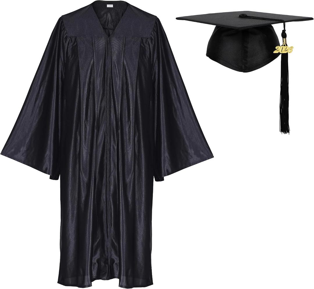 Newrara Adult Shiny Graduation Cap and Gown Tassel Set for High School & Bachelor (Black)