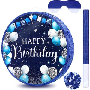Sinmoe Birthday Piata with Stick Blindfold and Confetti Large Piata for Adult Men Women Birthday Party Supplies Decoration Wedding Anniversary(Blue and Silver)