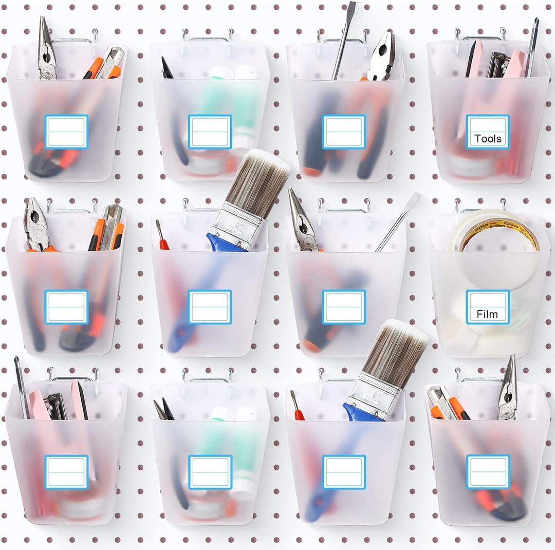 Namalu 12 Pack Pegboard Storage Bins with Labels and Hooks Bulk Peg Board Organizer Accessories Hanging Cup Organizer Pegboard Cup Holder(Transparent) (4.7 x 4 x 5 Inch)