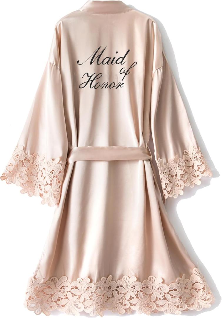 Women's Lace Trim Kimono Robe Bride Bridesmaid Satin Bridal Robes with Embroidered Getting Ready Sleepwear (Champagne)