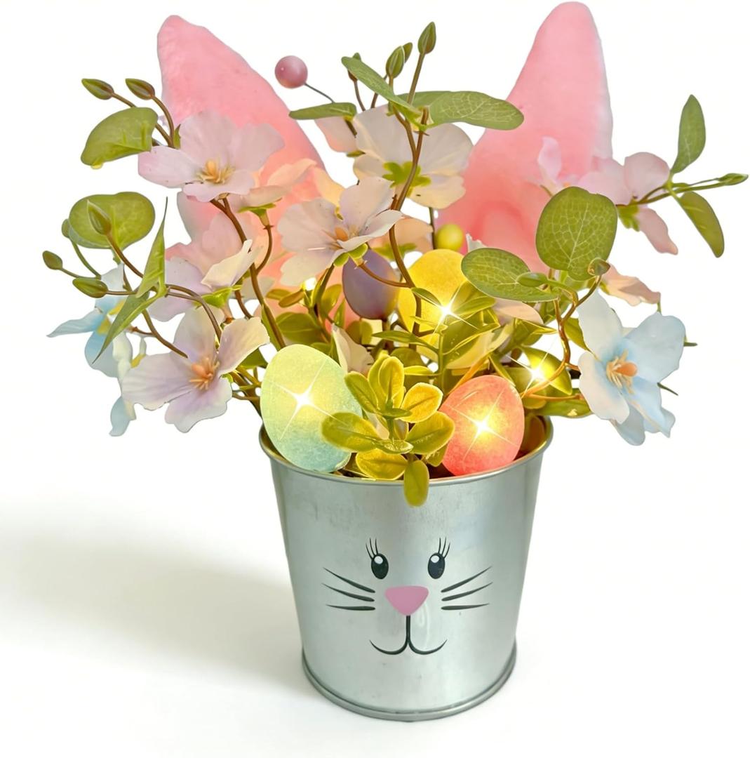 CENMORISE Easter Table Decorations with Lights,Artificial Floral with Flower Egg Bunny Ear Eucalyptus for Centerpiece Home Indoor Spring Wedding Party 9.4*3.2 Inchces