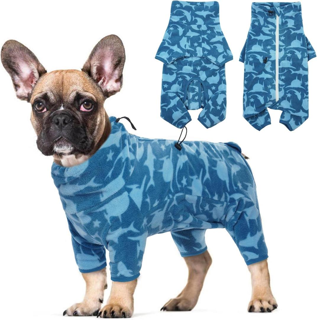 ROZKITCH Dog Winter Coat Soft Fleece Pullover Pajamas, Pet Windproof Warm Cold Weather Jacket Vest with Luminous Zipper, Jumpsuit Apparel Outfit Clothes for Small Medium Large Dog Shark 3XL (3XL(Back Length:27.9"), Blue-shark)